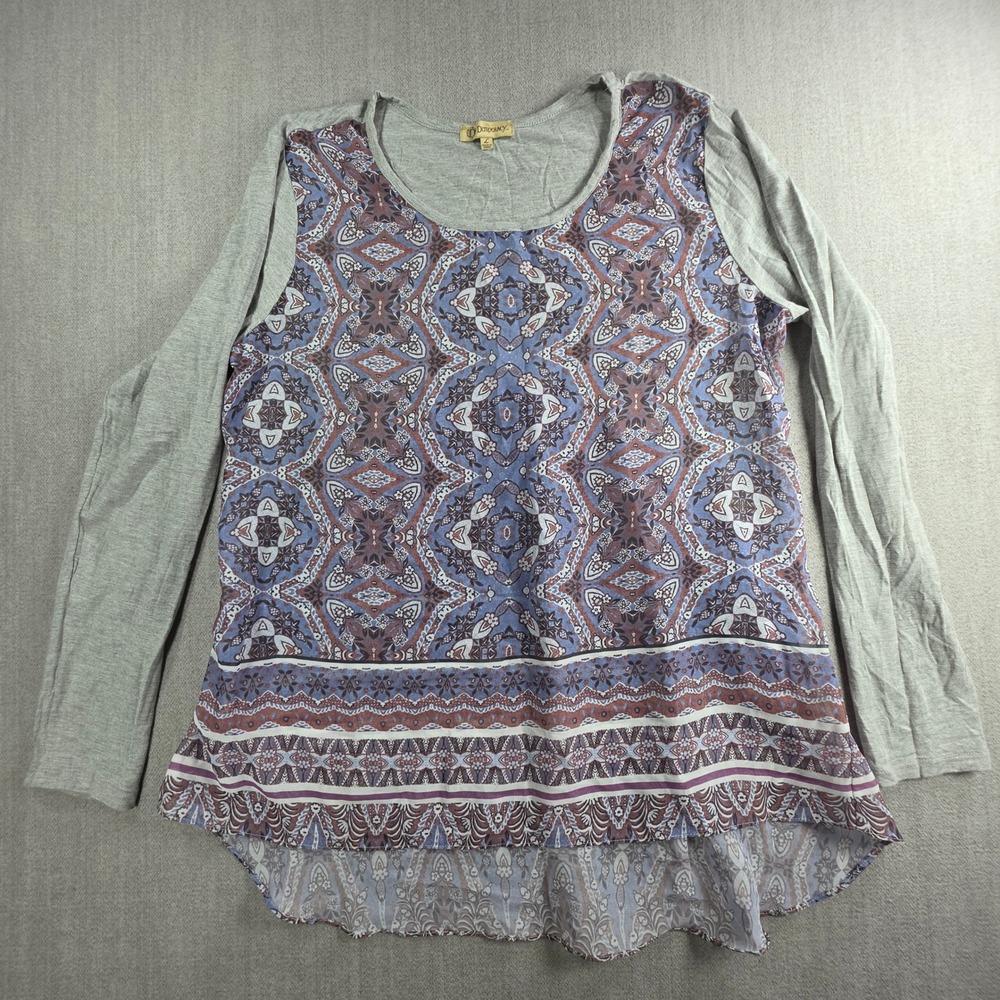 Democracy Mixed‎ Media Top Womens Large Grey Purple Paisley High Low